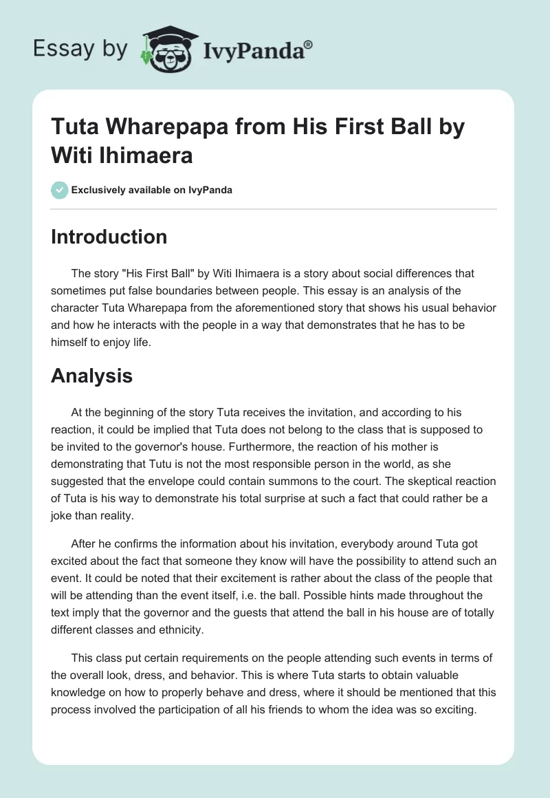 Tuta Wharepapa from "His First Ball" by Witi Ihimaera. Page 1