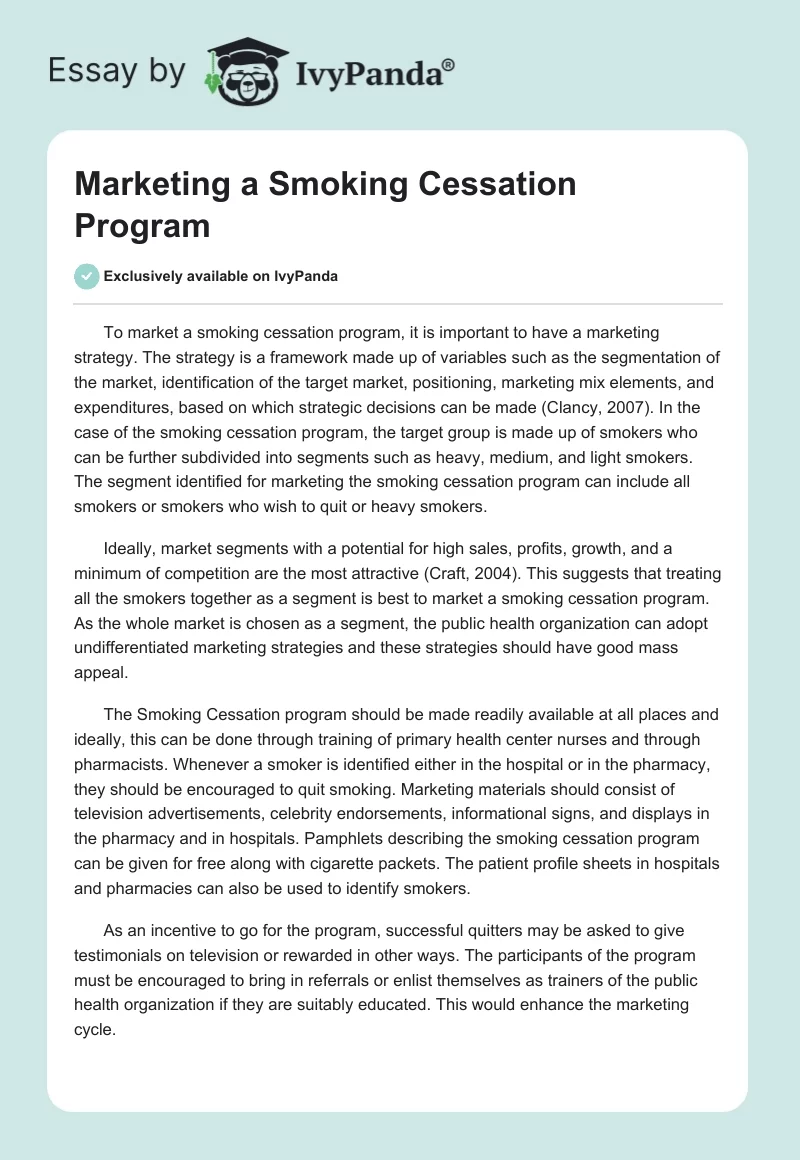 Marketing a Smoking Cessation Program. Page 1