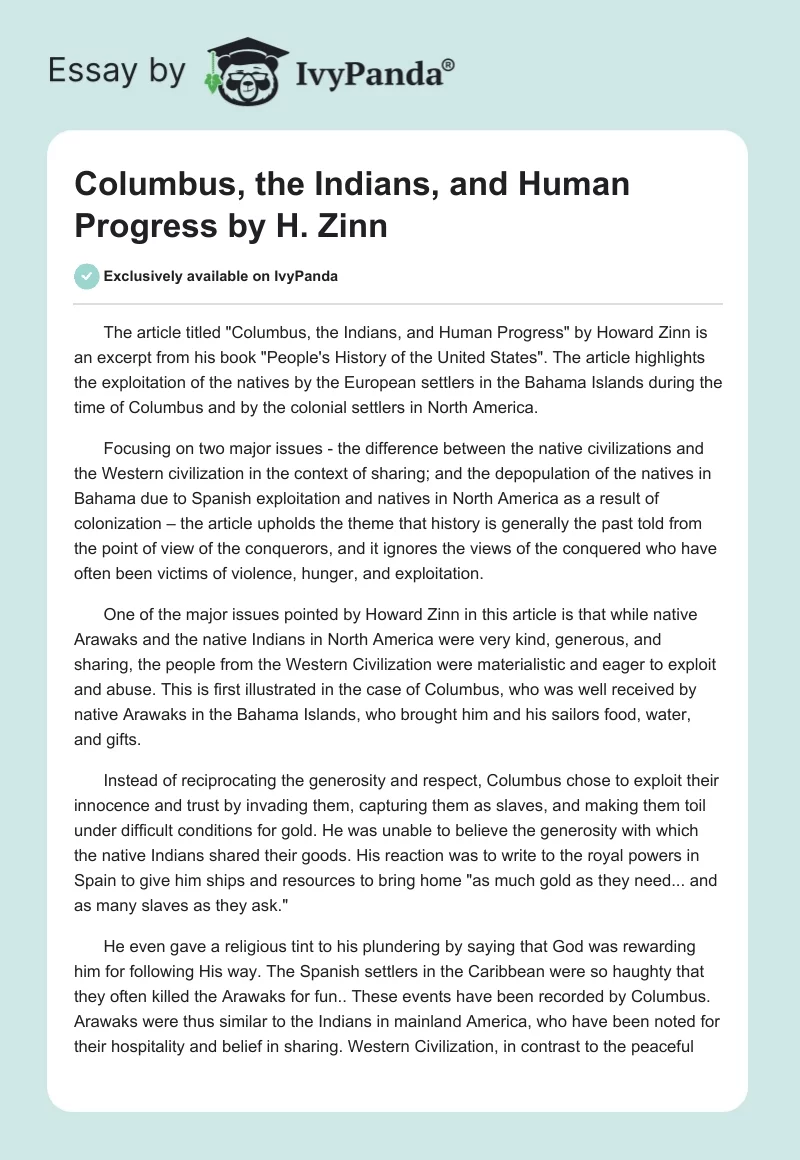 "Columbus, the Indians, and Human Progress" by H. Zinn. Page 1
