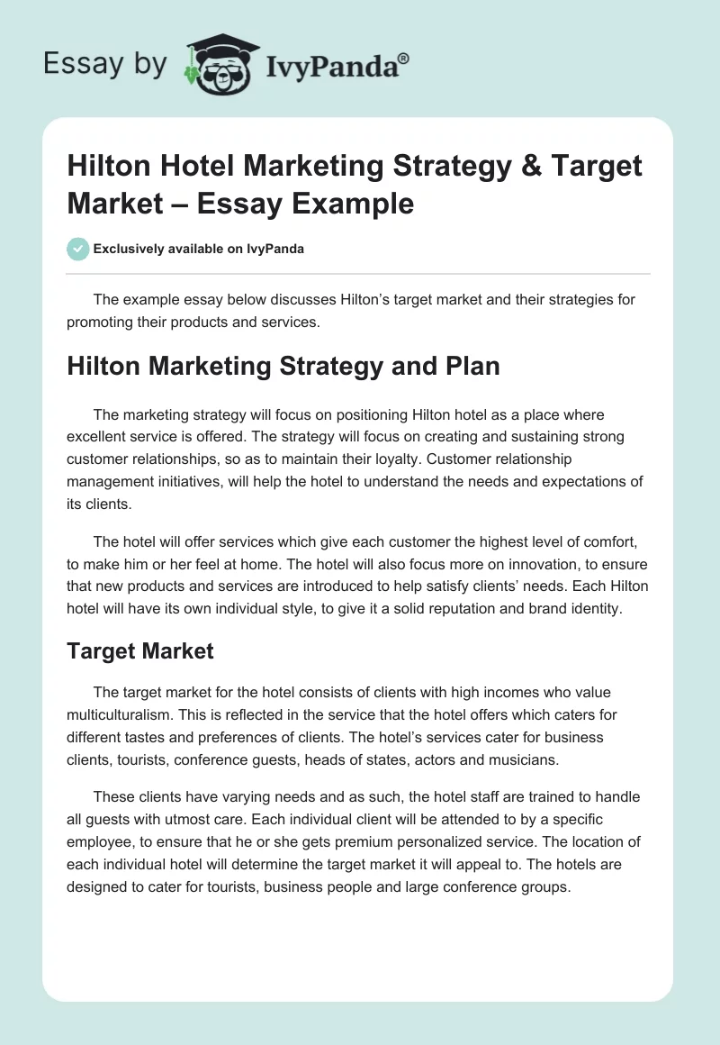Hilton Hotel Marketing Strategy & Target Market – Essay Example. Page 1