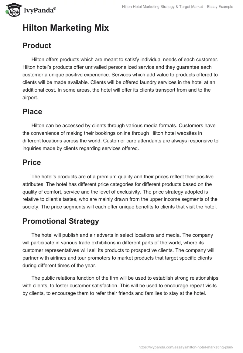 Hilton Hotel Marketing Strategy & Target Market – Essay Example. Page 2