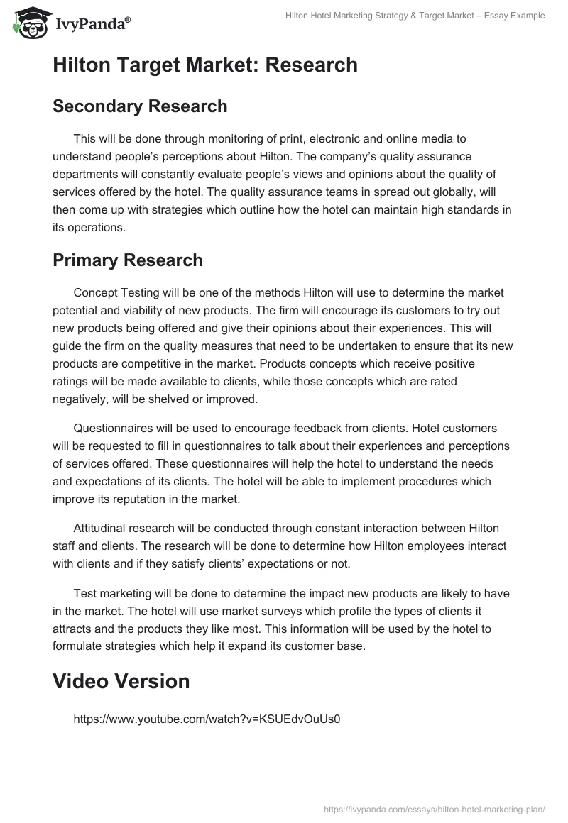 Hilton Hotel Marketing Strategy & Target Market – Essay Example. Page 3