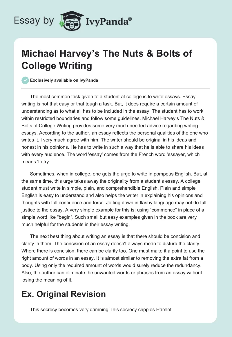 Michael Harvey’s "The Nuts & Bolts of College Writing". Page 1