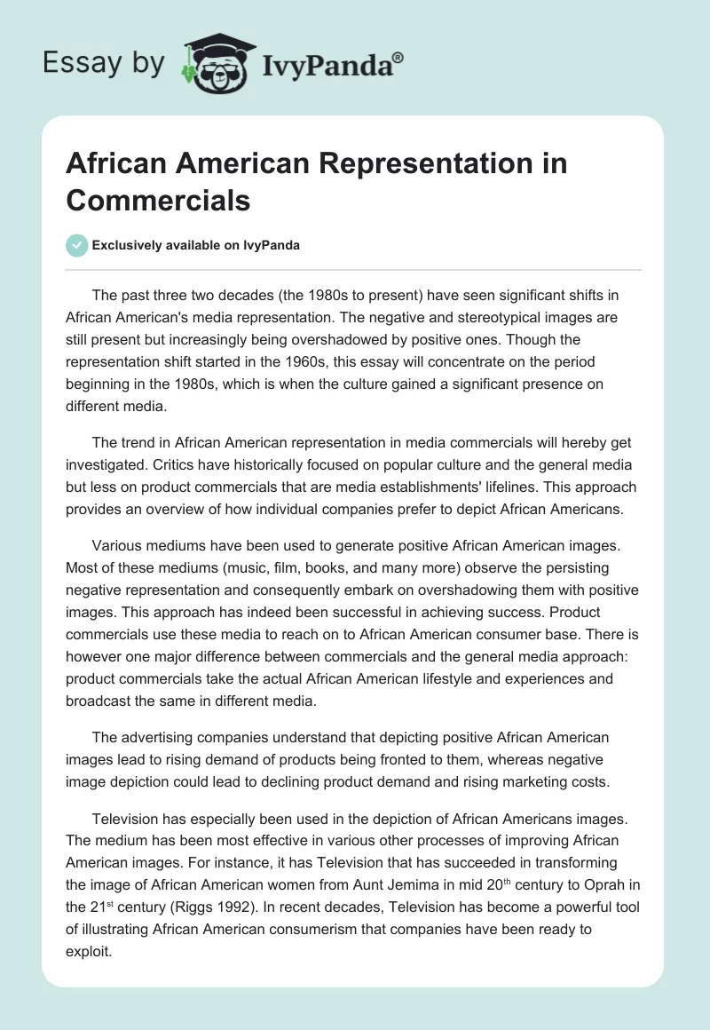 African American Representation in Commercials. Page 1