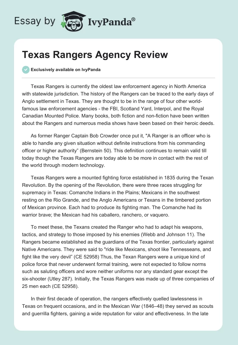 Texas Rangers Agency Review. Page 1