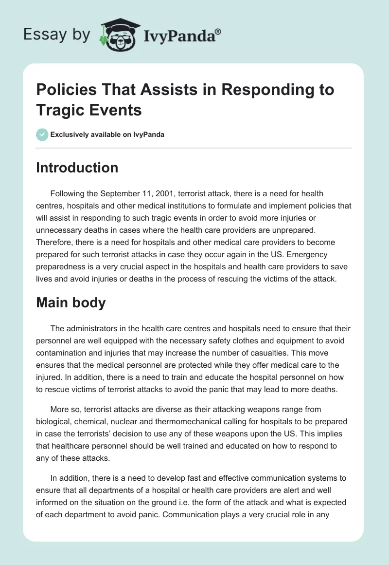 Policies That Assists in Responding to Tragic Events. Page 1