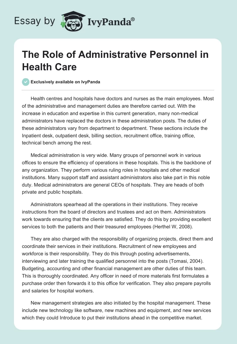 The Role of Administrative Personnel in Health Care. Page 1