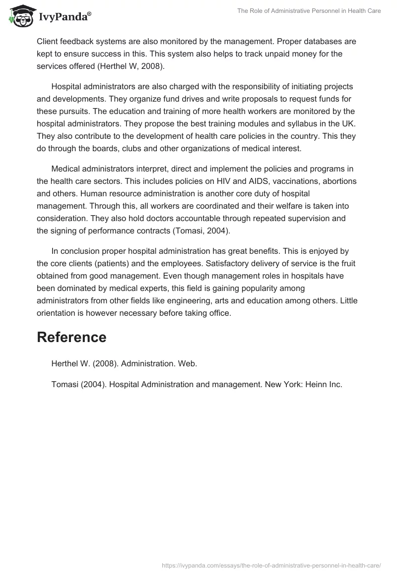 The Role of Administrative Personnel in Health Care. Page 2