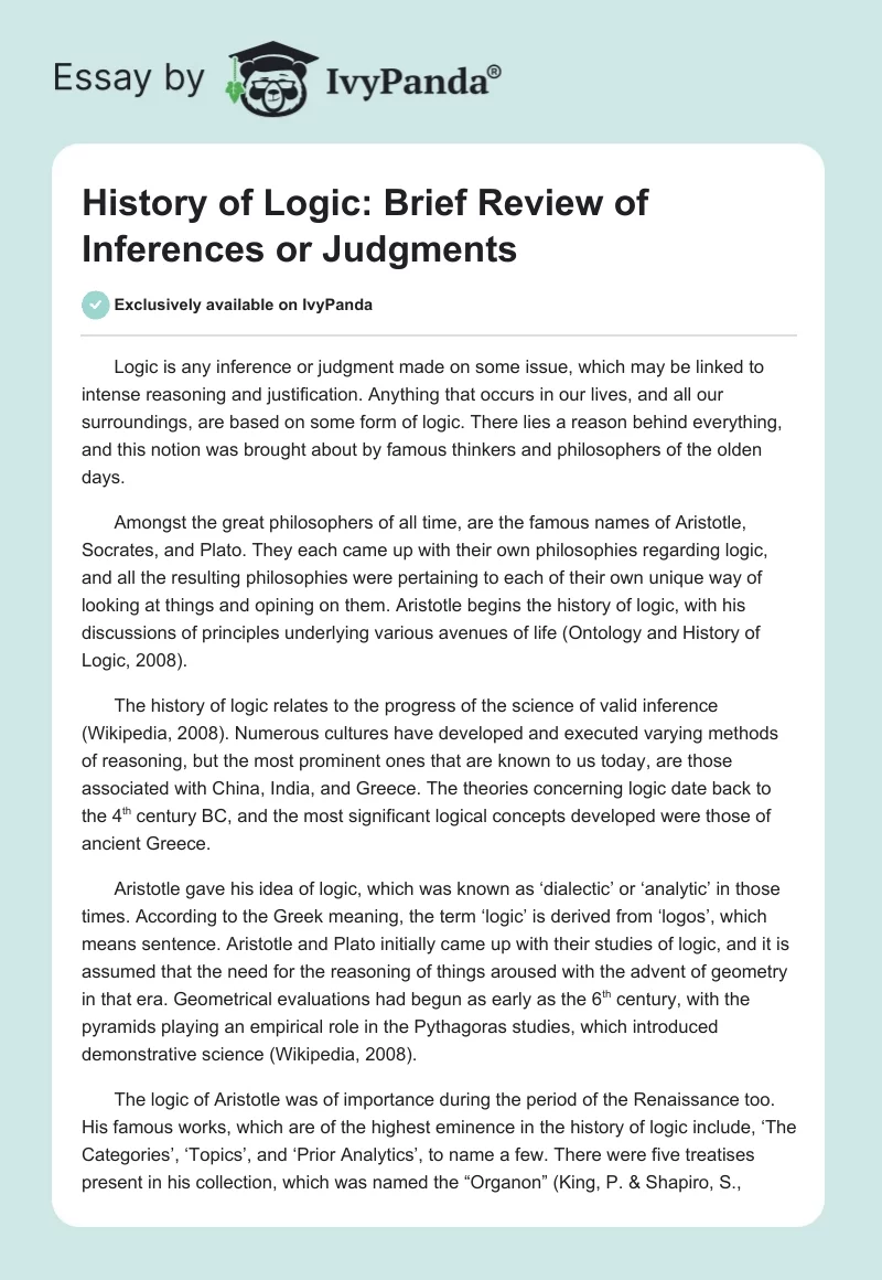 History of Logic: Brief Review of Inferences or Judgments. Page 1