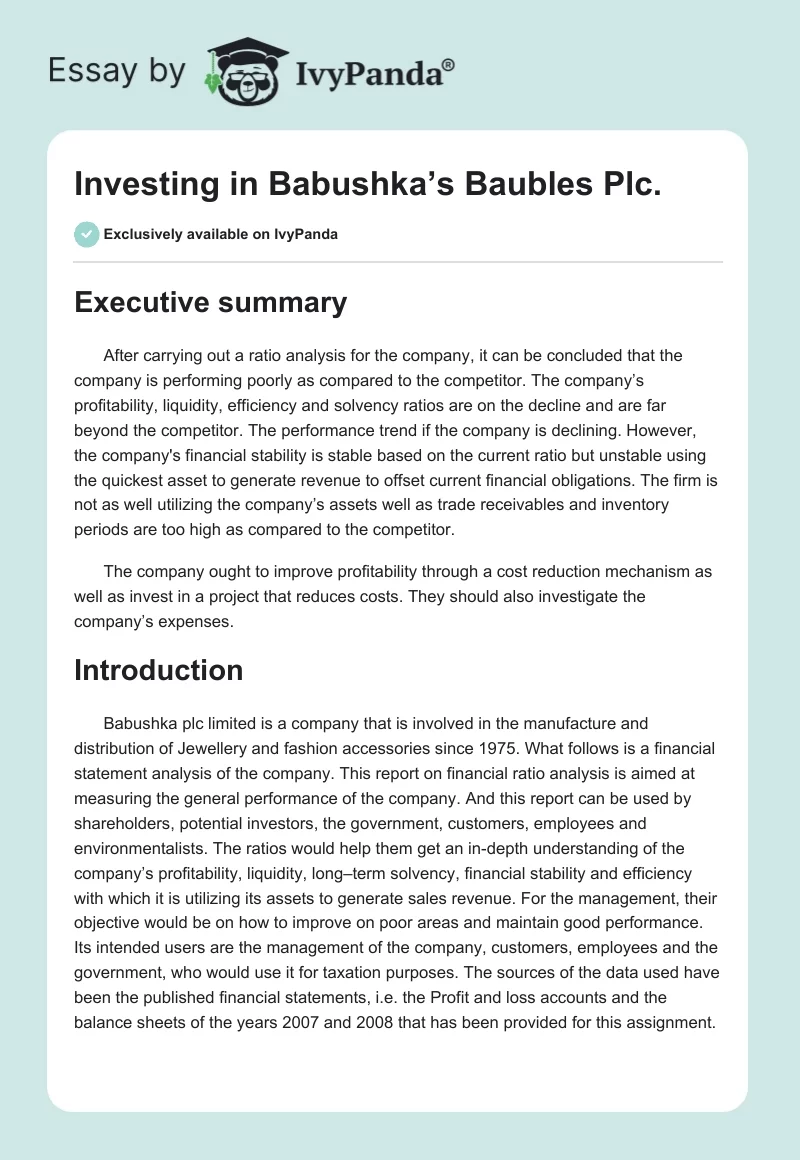 Investing in Babushka’s Baubles Plc.. Page 1