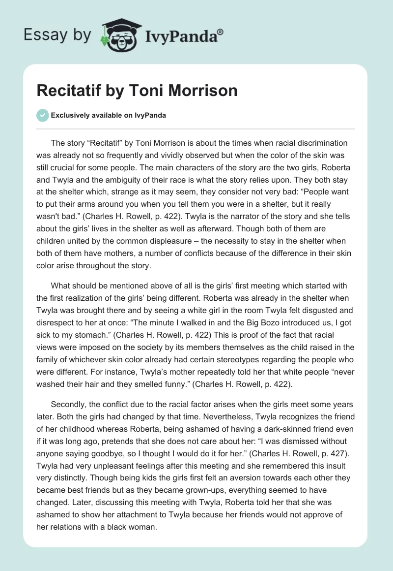 "Recitatif" by Toni Morrison. Page 1