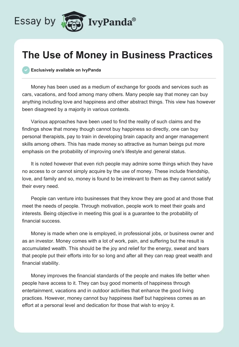The Use of Money in Business Practices. Page 1