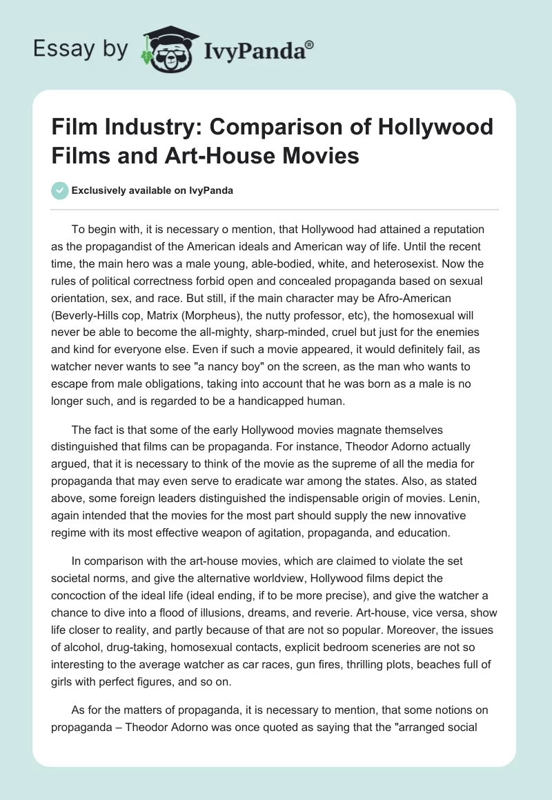 Film Industry: Comparison of Hollywood Films and Art-House Movies. Page 1