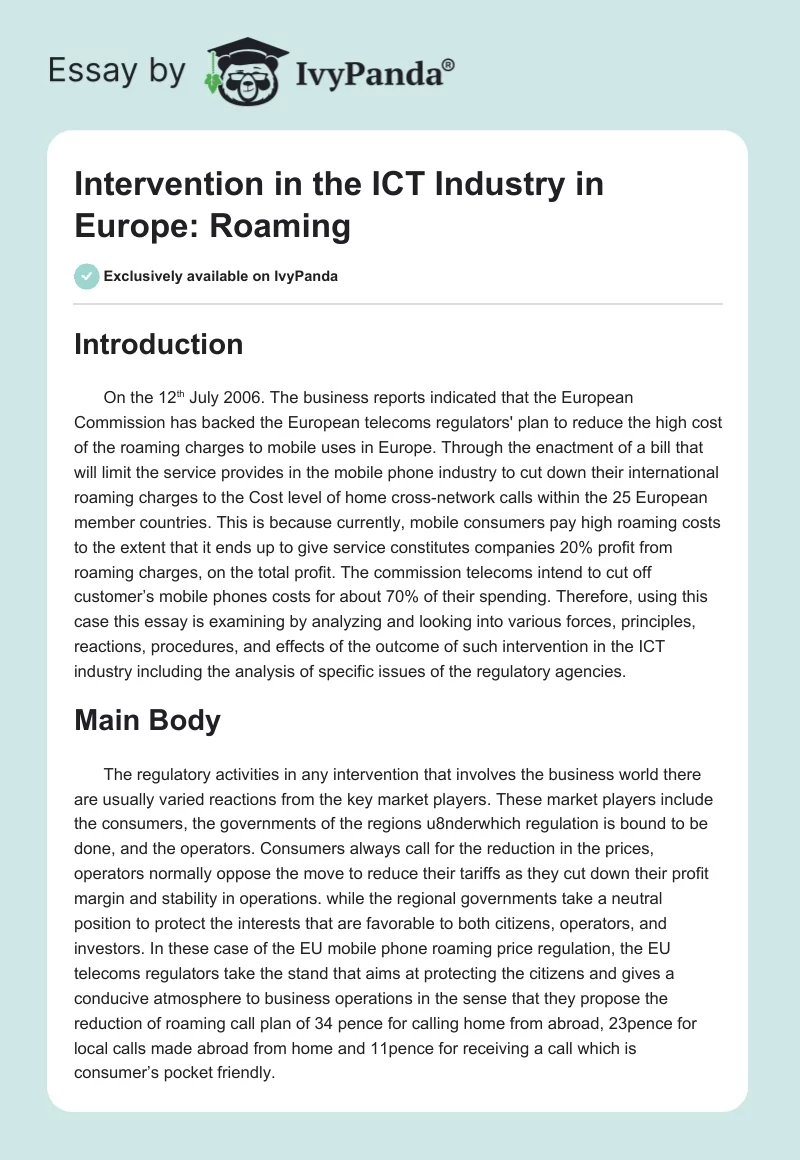 Intervention in the ICT Industry in Europe: Roaming. Page 1