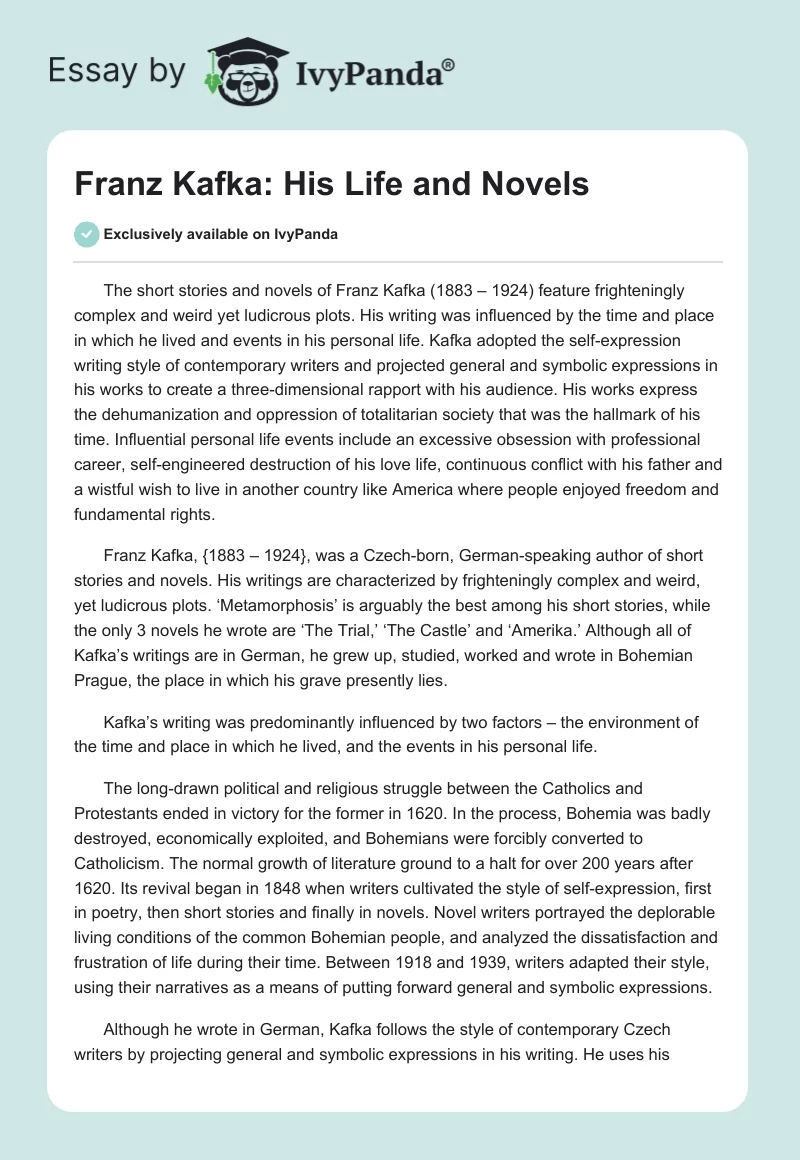 Franz Kafka: His Life and Novels. Page 1