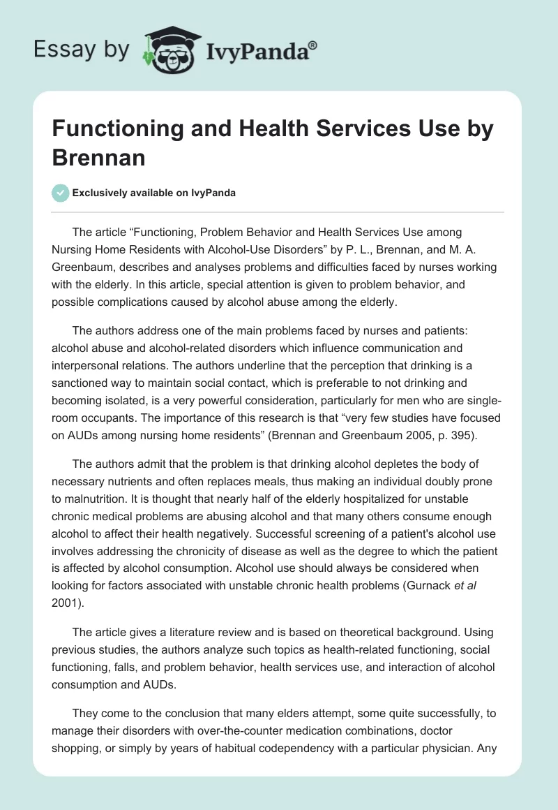 "Functioning and Health Services Use" by Brennan. Page 1
