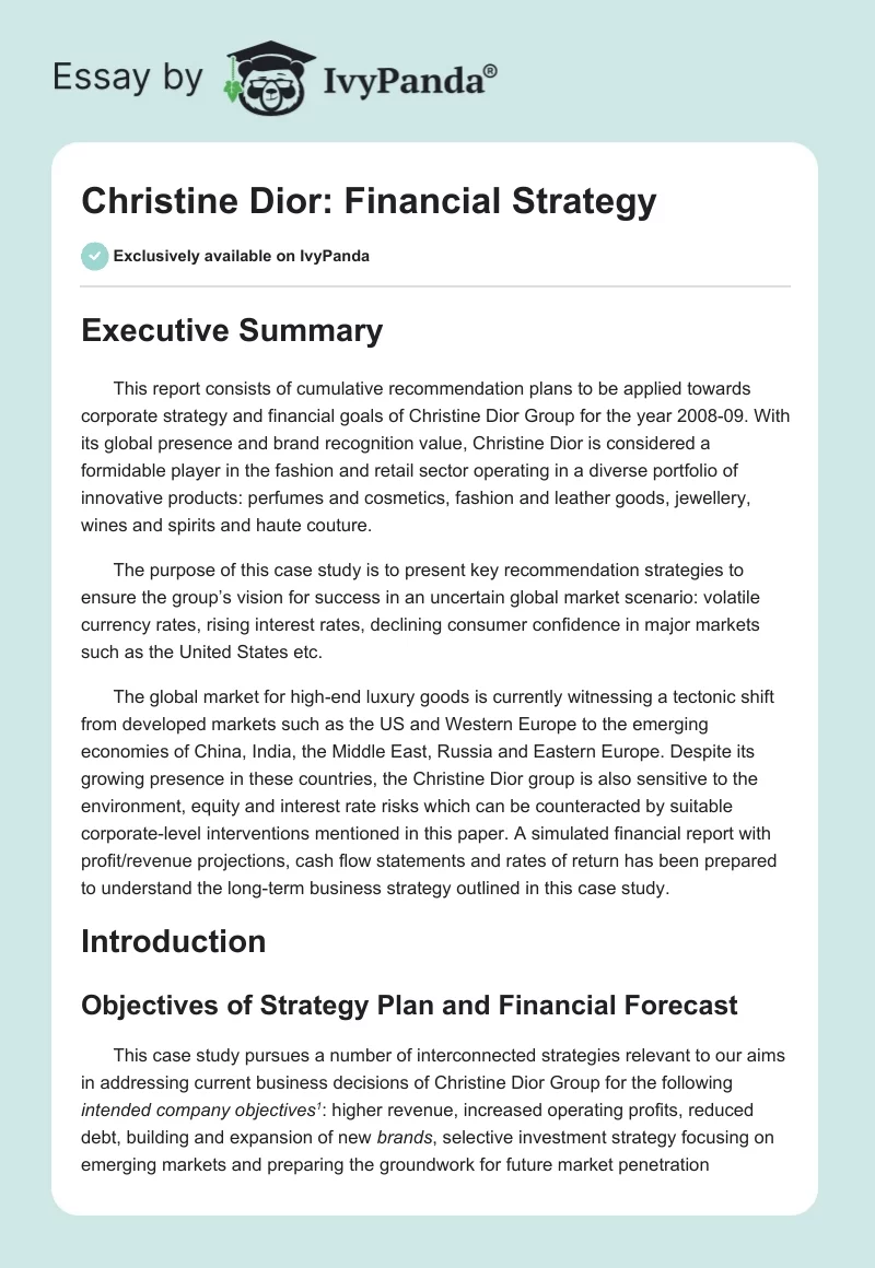 Christine Dior: Financial Strategy. Page 1