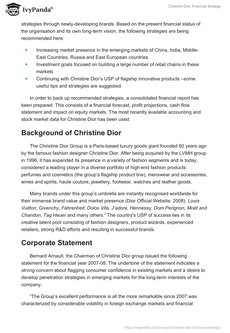 Christine Dior: Financial Strategy. Page 2