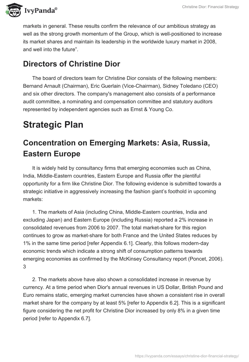 Christine Dior: Financial Strategy. Page 3