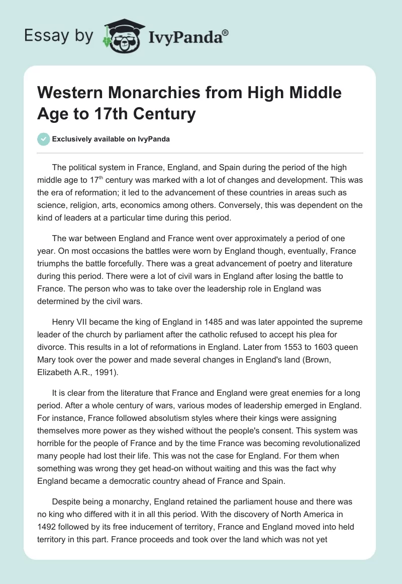 Western Monarchies from High Middle Age to 17th Century. Page 1