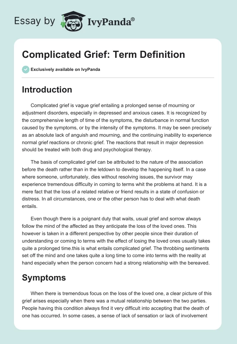 Complicated Grief: Term Definition. Page 1
