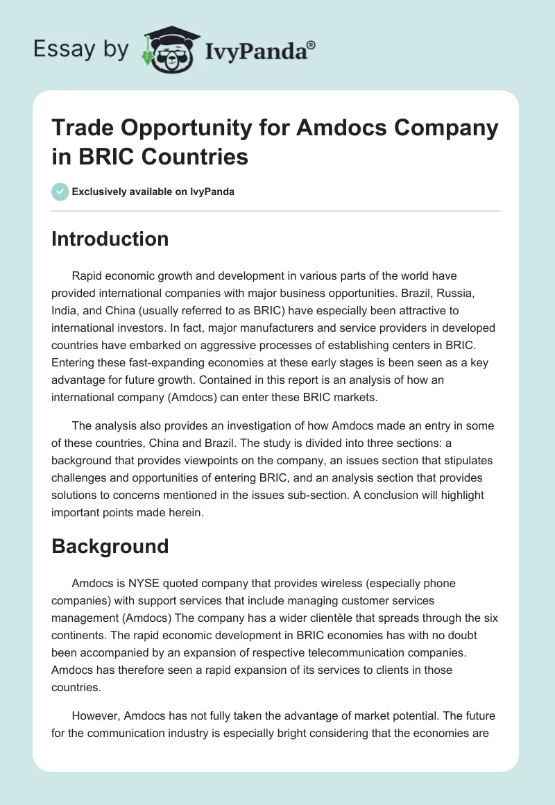 Trade Opportunity for Amdocs Company in BRIC Countries. Page 1