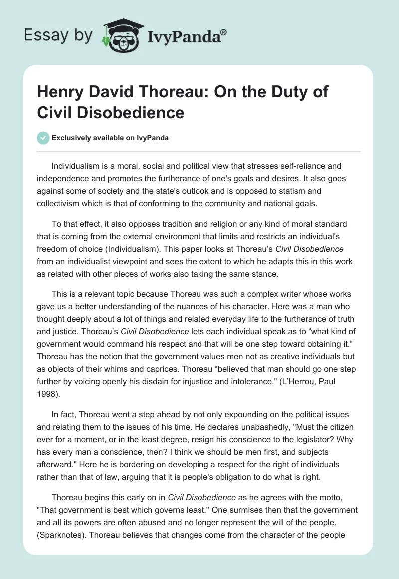 Henry David Thoreau: On the Duty of Civil Disobedience. Page 1