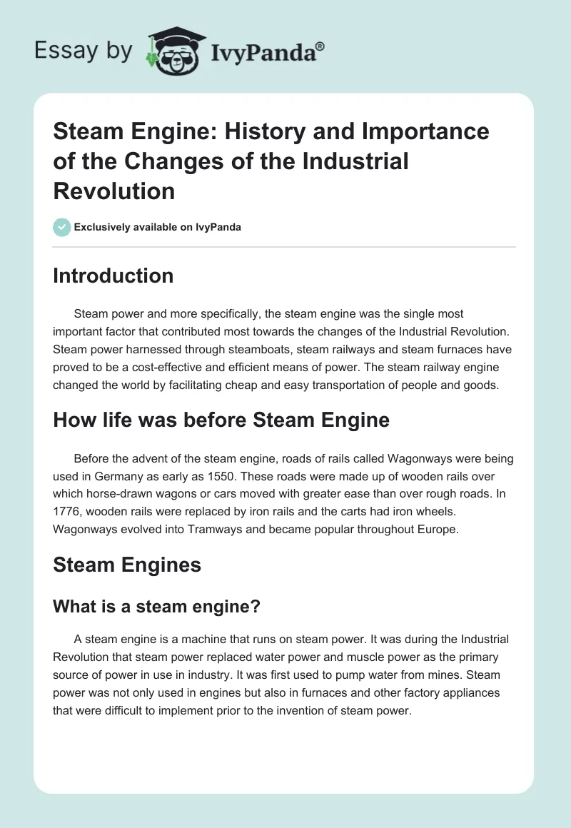 Steam Engine: History and Importance of the Changes of the Industrial Revolution. Page 1