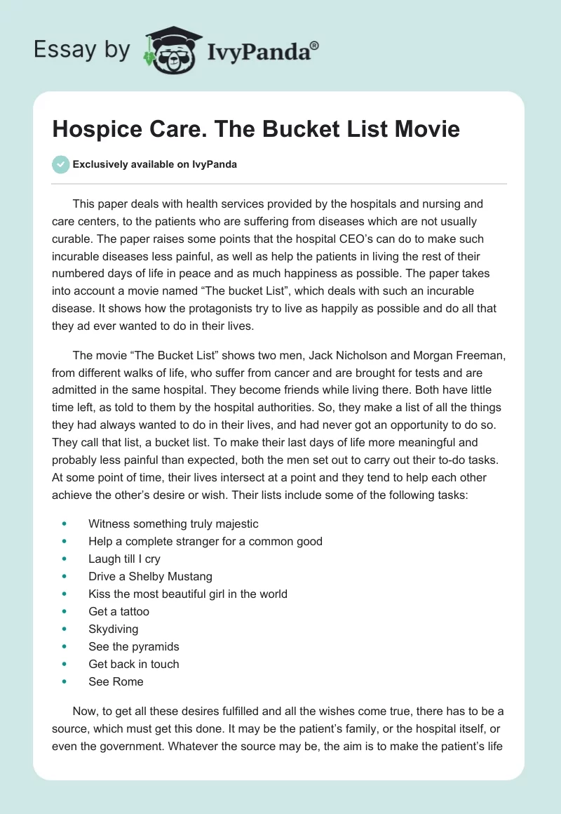Hospice Care. "The Bucket List" Movie. Page 1