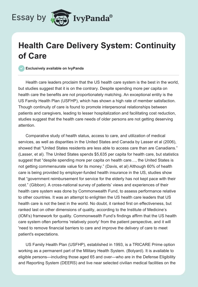 Health Care Delivery System: Continuity of Care. Page 1