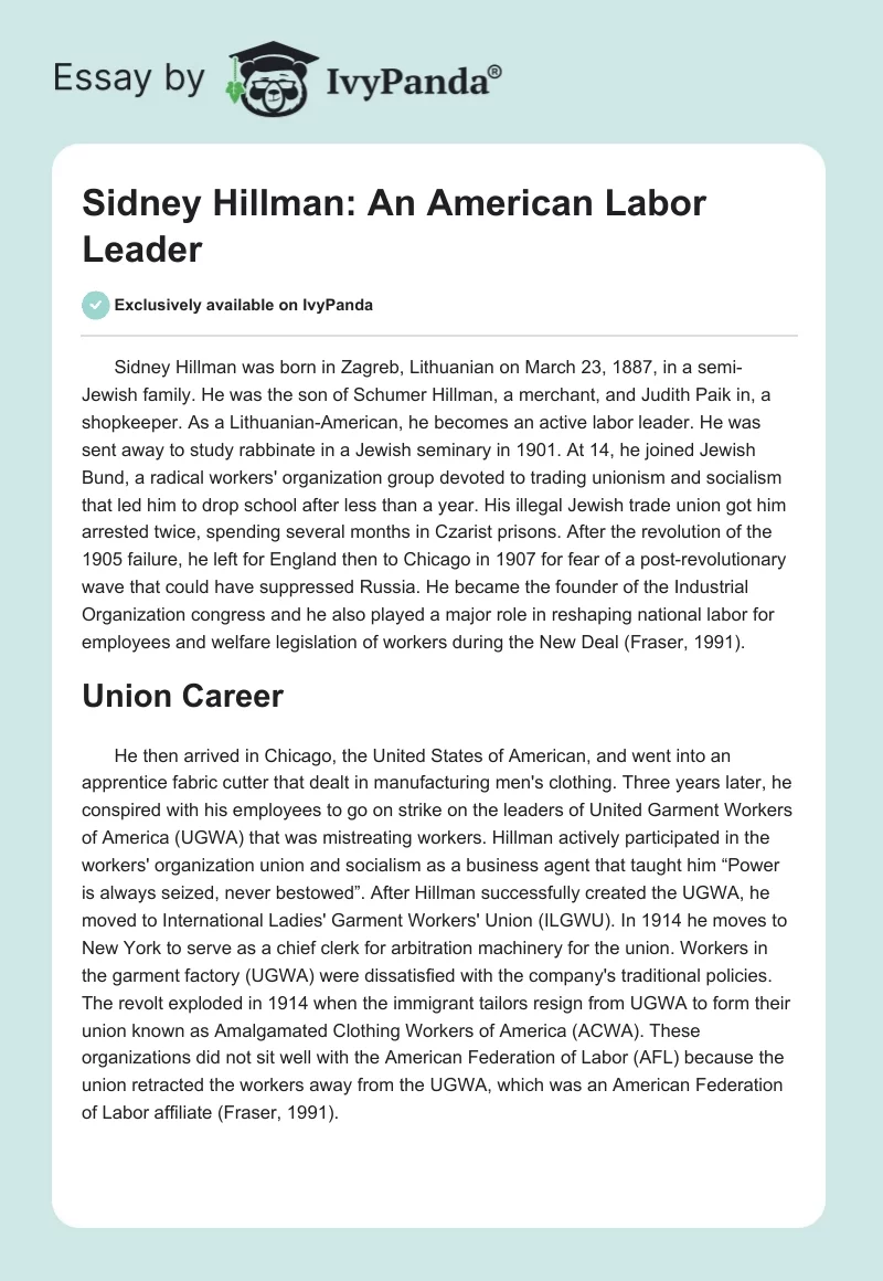 Sidney Hillman: An American Labor Leader. Page 1
