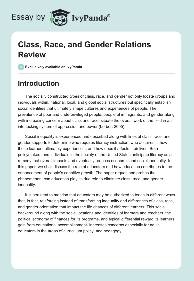 Class, Race, and Gender Relations Review. Page 1