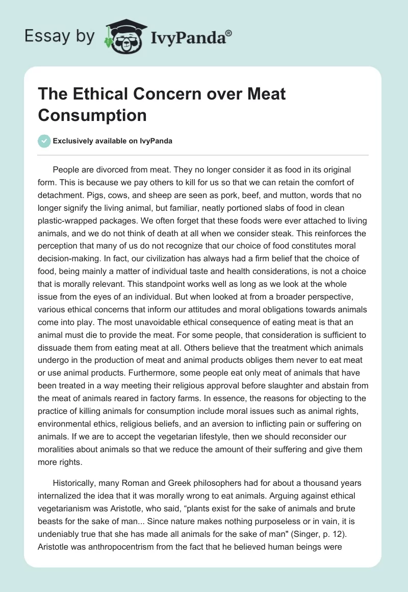 The Ethical Concern Over Meat Consumption. Page 1