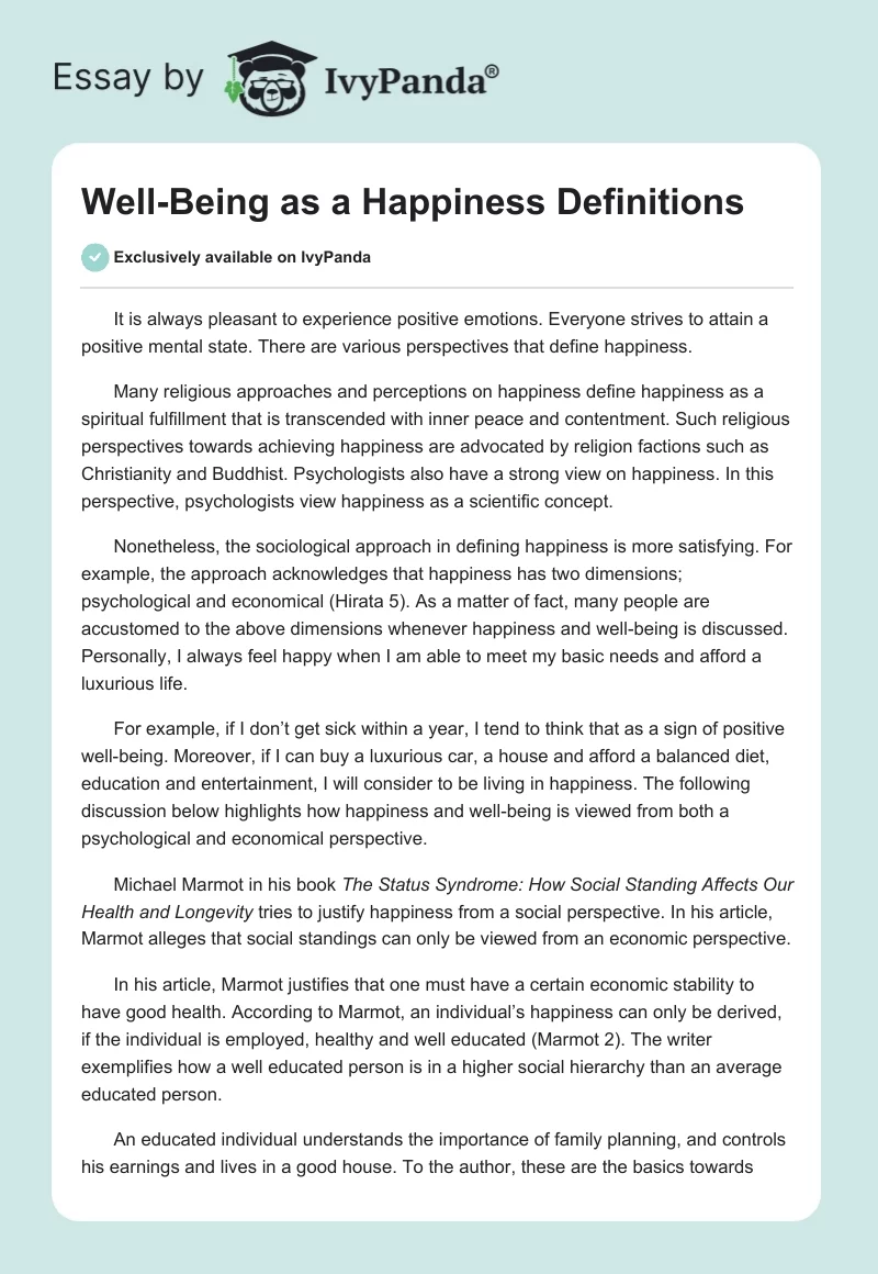 Well-Being as a Happiness Definitions. Page 1