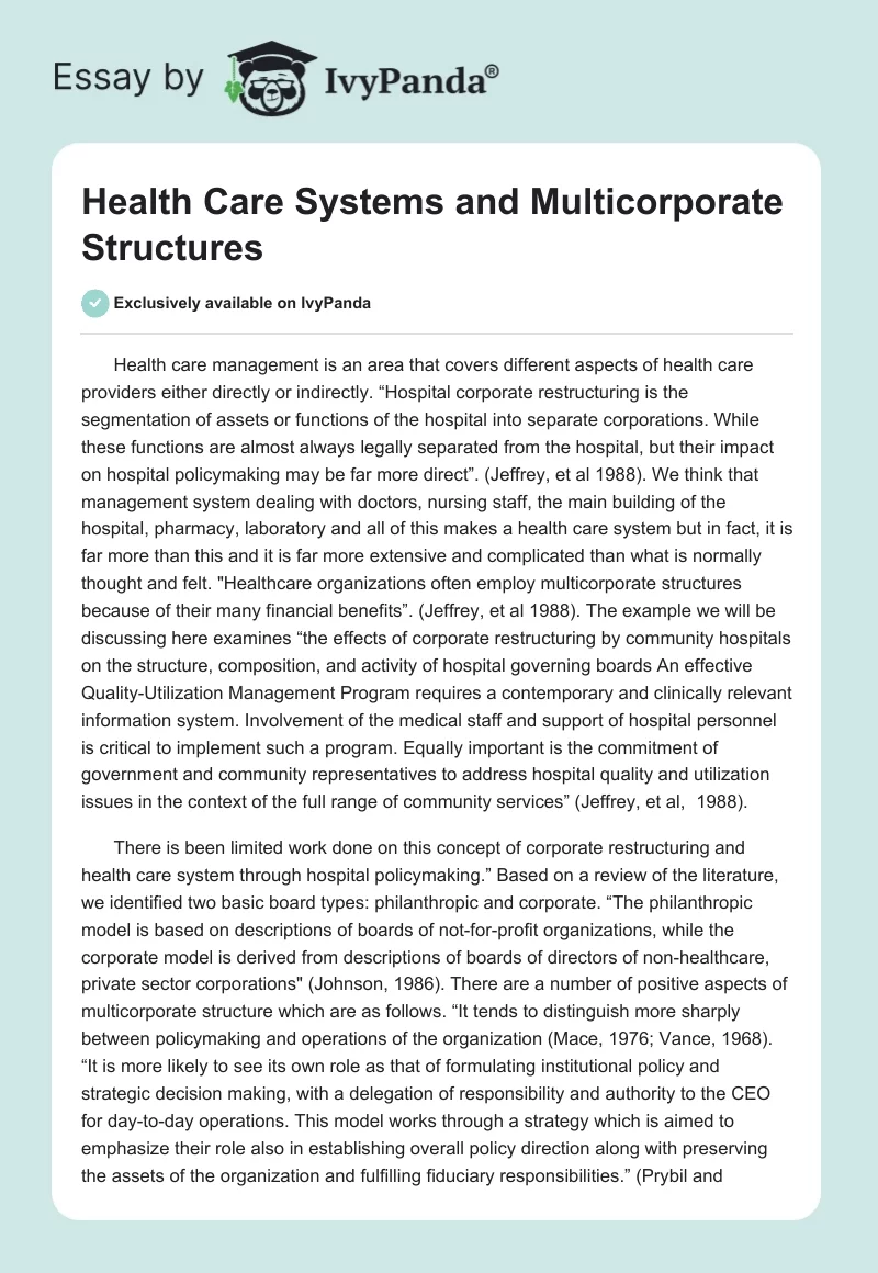 Health Care Systems and Multicorporate Structures. Page 1