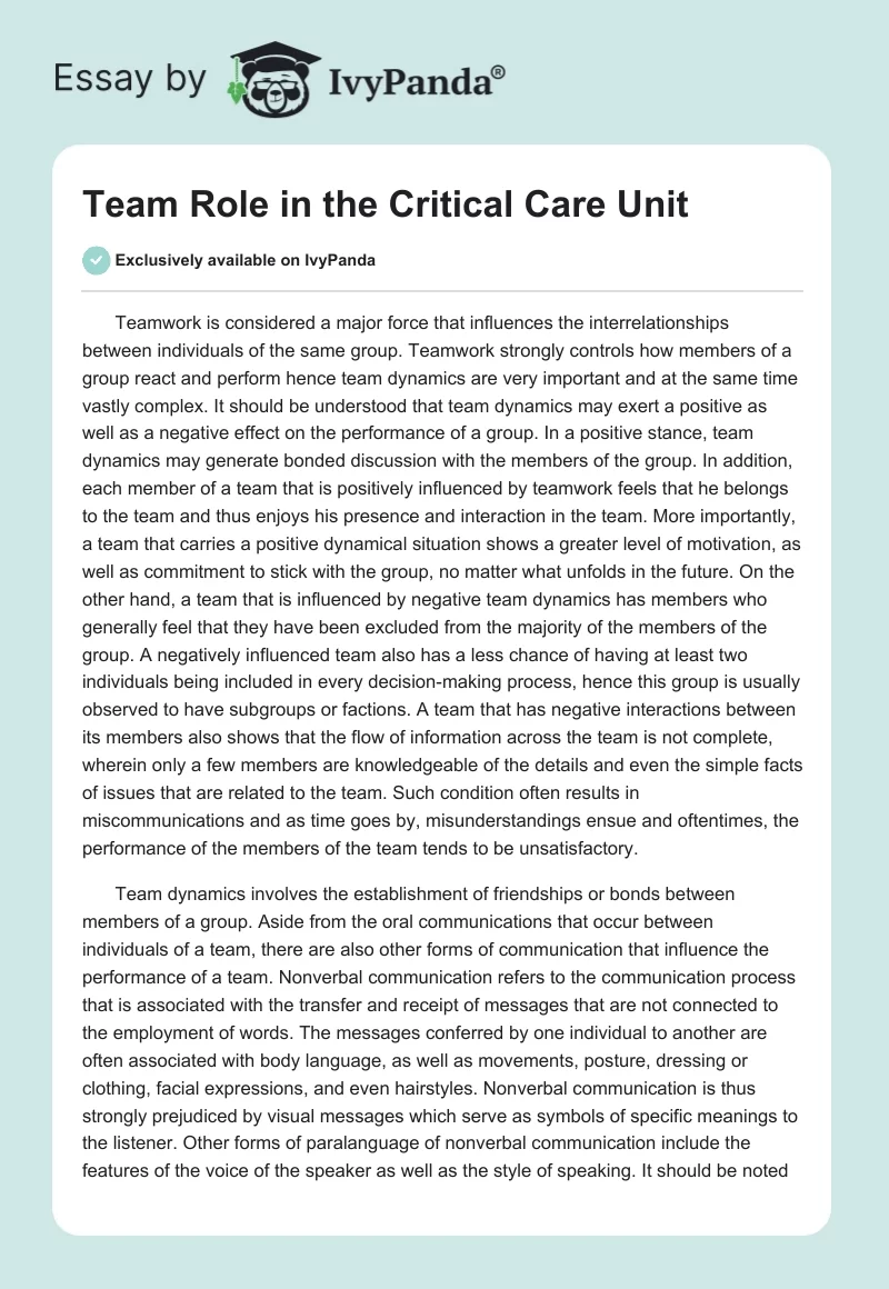 Team Role in the Critical Care Unit. Page 1