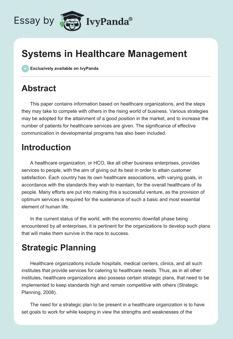 Systems in Healthcare Management. Page 1