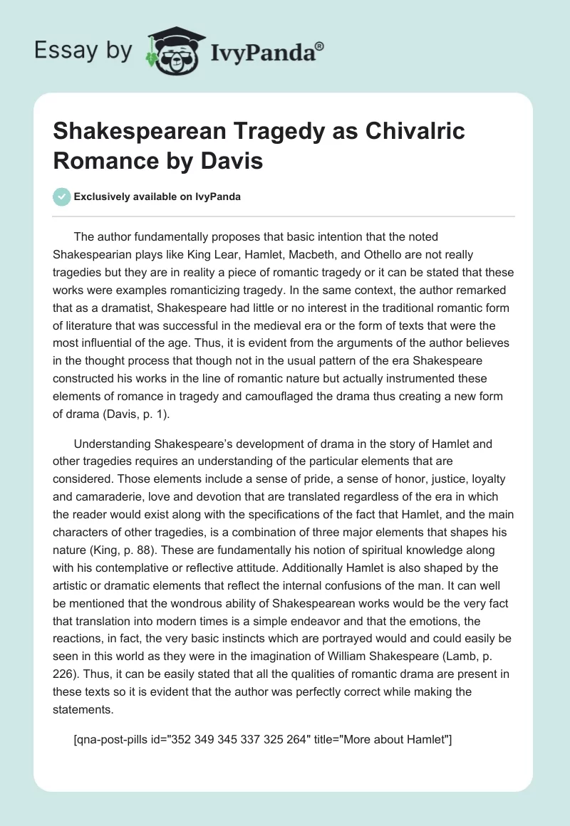 "Shakespearean Tragedy as Chivalric Romance" by Davis. Page 1