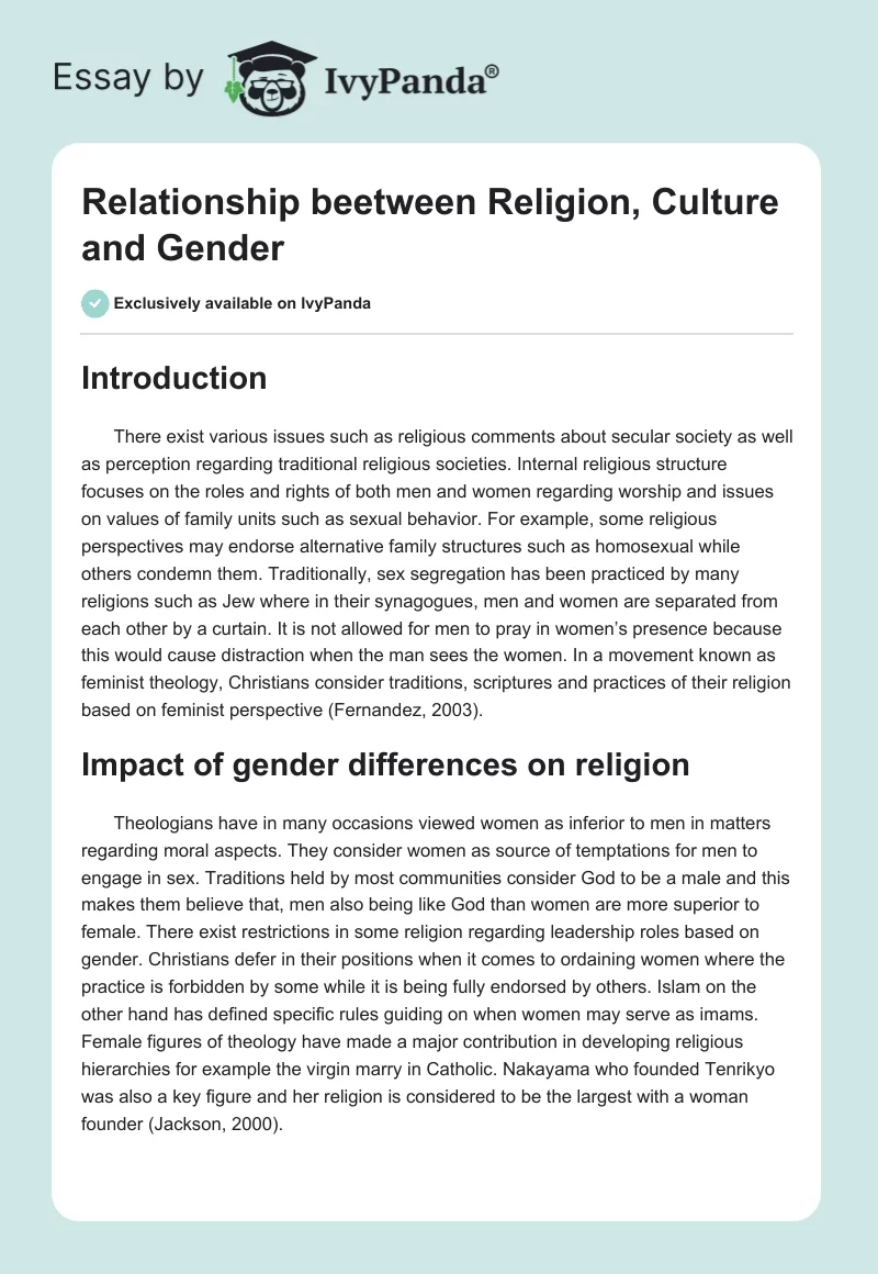 Relationship beetween Religion, Culture and Gender. Page 1