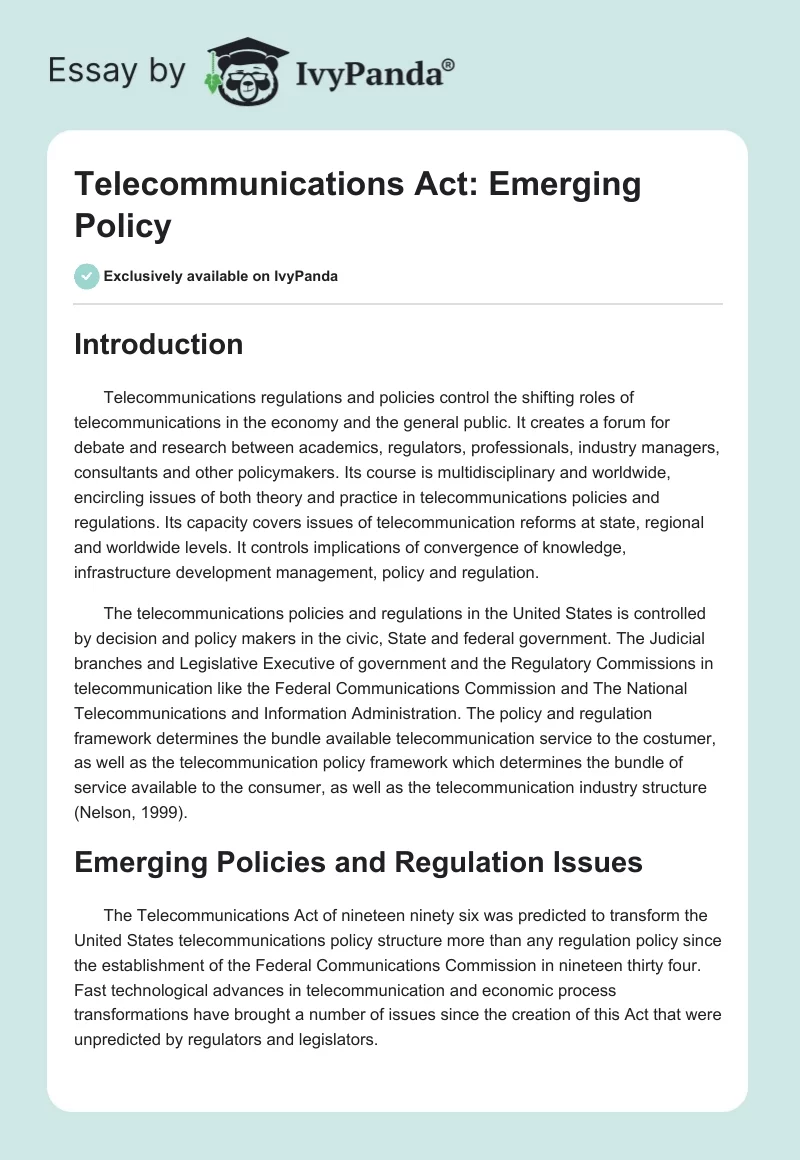 Telecommunications Act: Emerging Policy. Page 1