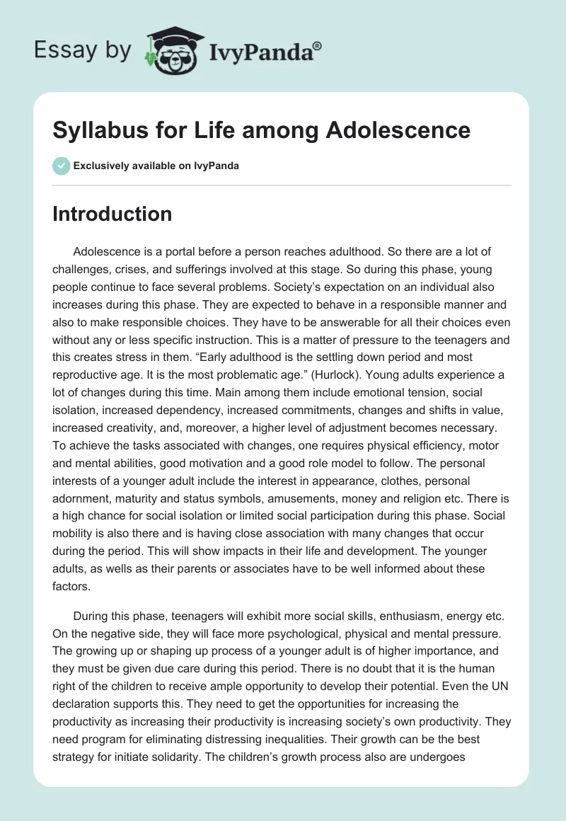 Syllabus for Life Among Adolescence. Page 1