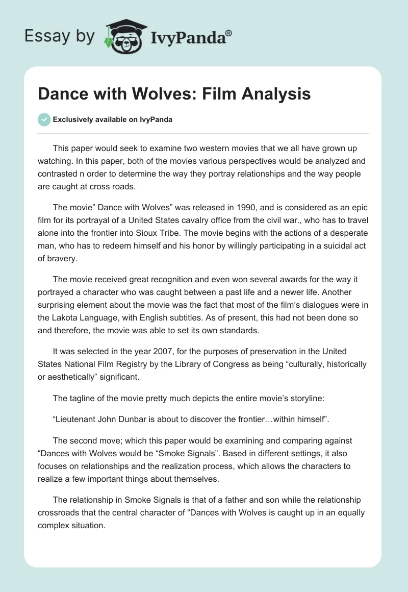 Dance with Wolves: Film Analysis. Page 1