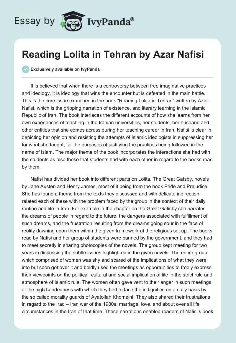 Reading Lolita in Tehran by Azar Nafisi. Page 1
