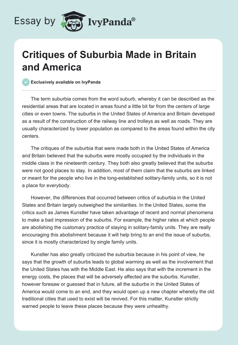 Critiques of Suburbia Made in Britain and America. Page 1