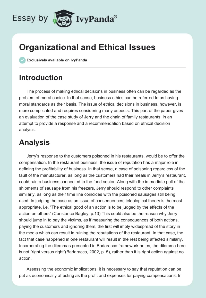 Organizational and Ethical Issues. Page 1