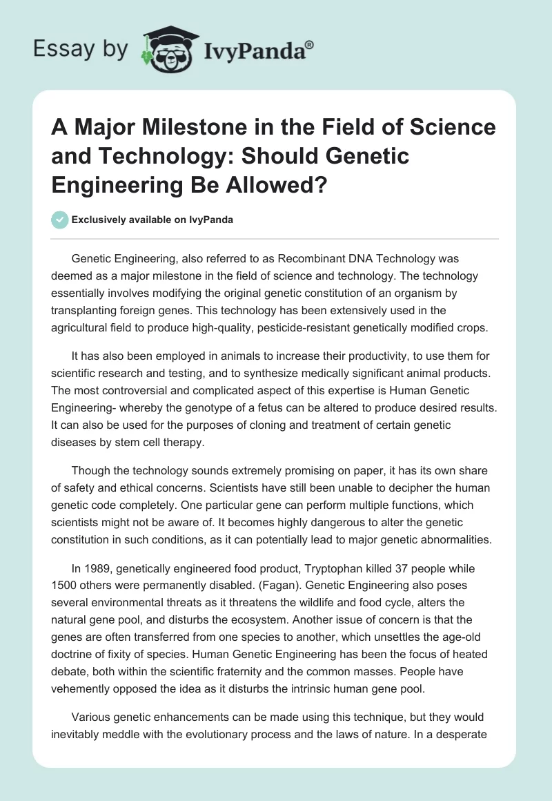 A Major Milestone in the Field of Science and Technology: Should Genetic Engineering Be Allowed?. Page 1