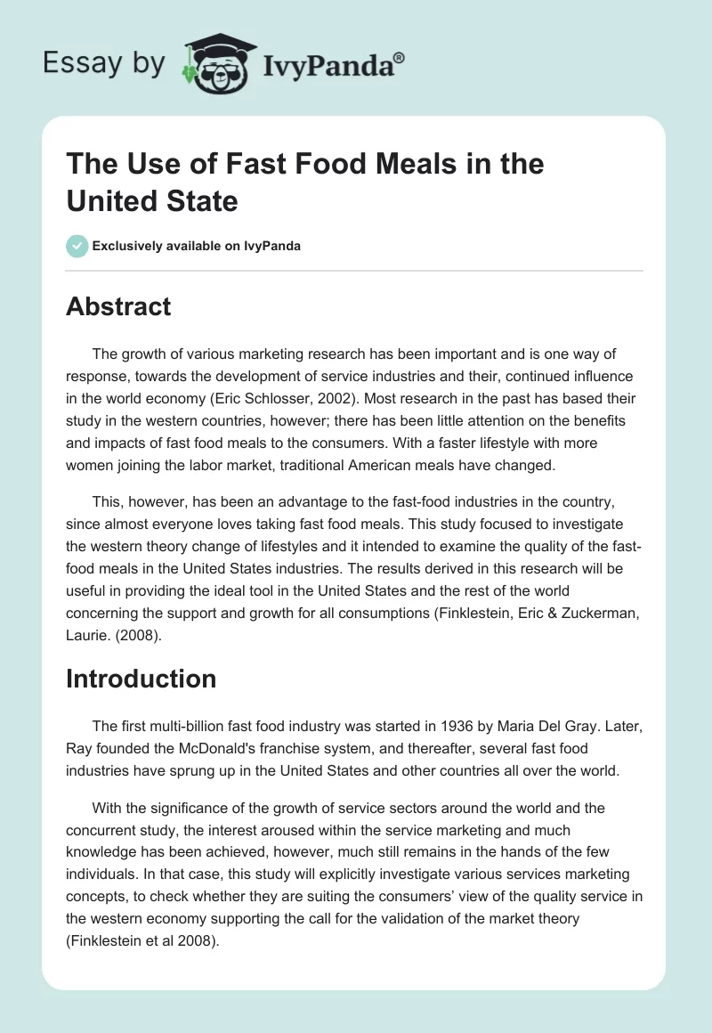 The Use of Fast Food Meals in the United State. Page 1