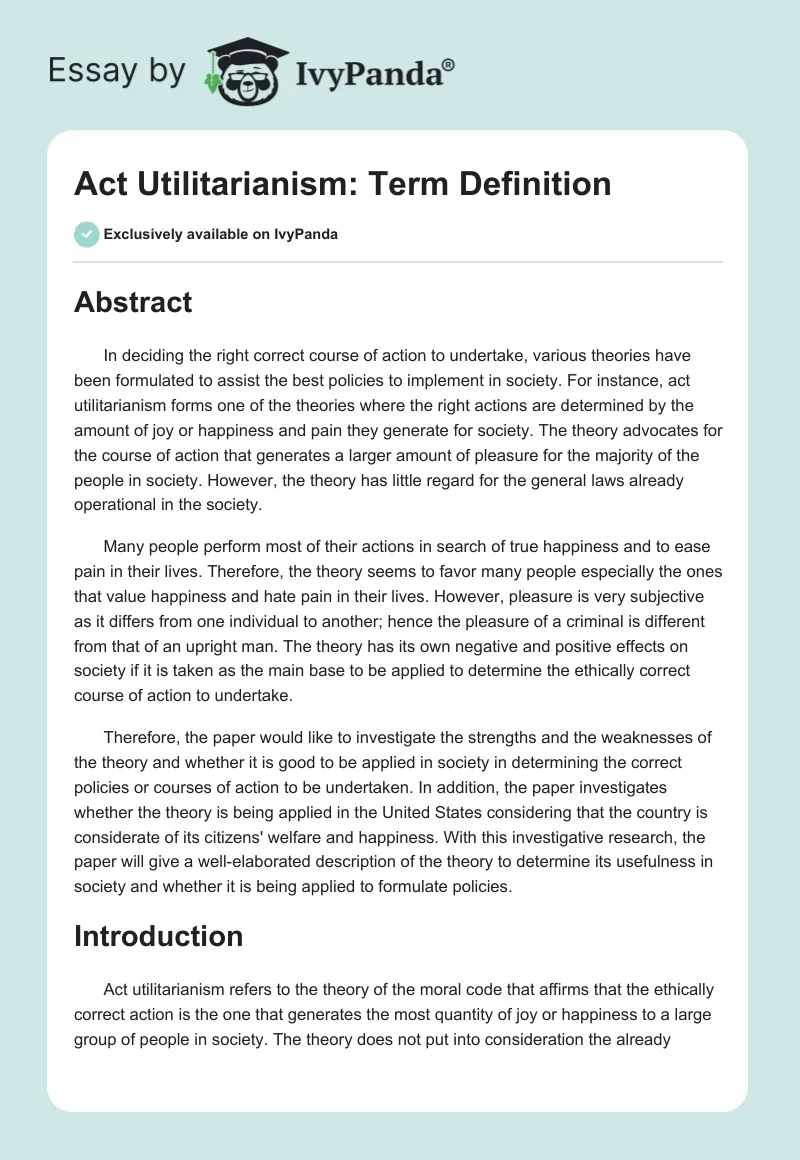 Act Utilitarianism: Term Definition. Page 1