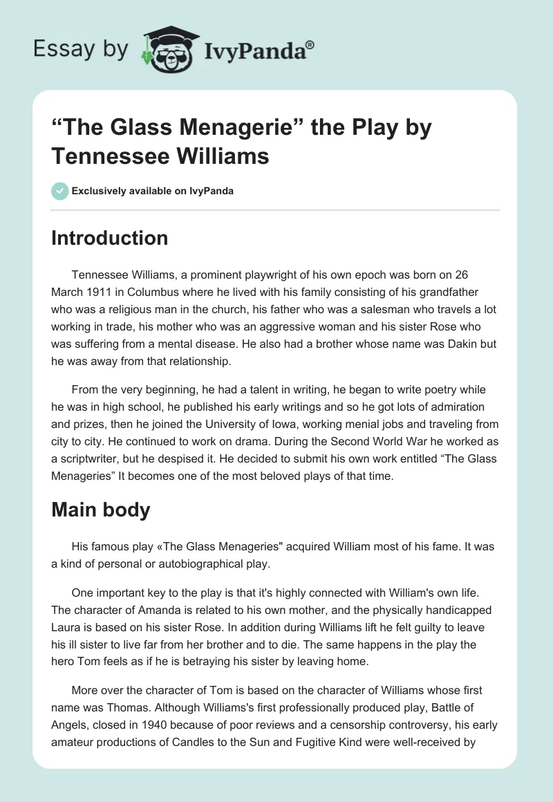 “The Glass Menagerie” the Play by Tennessee Williams. Page 1