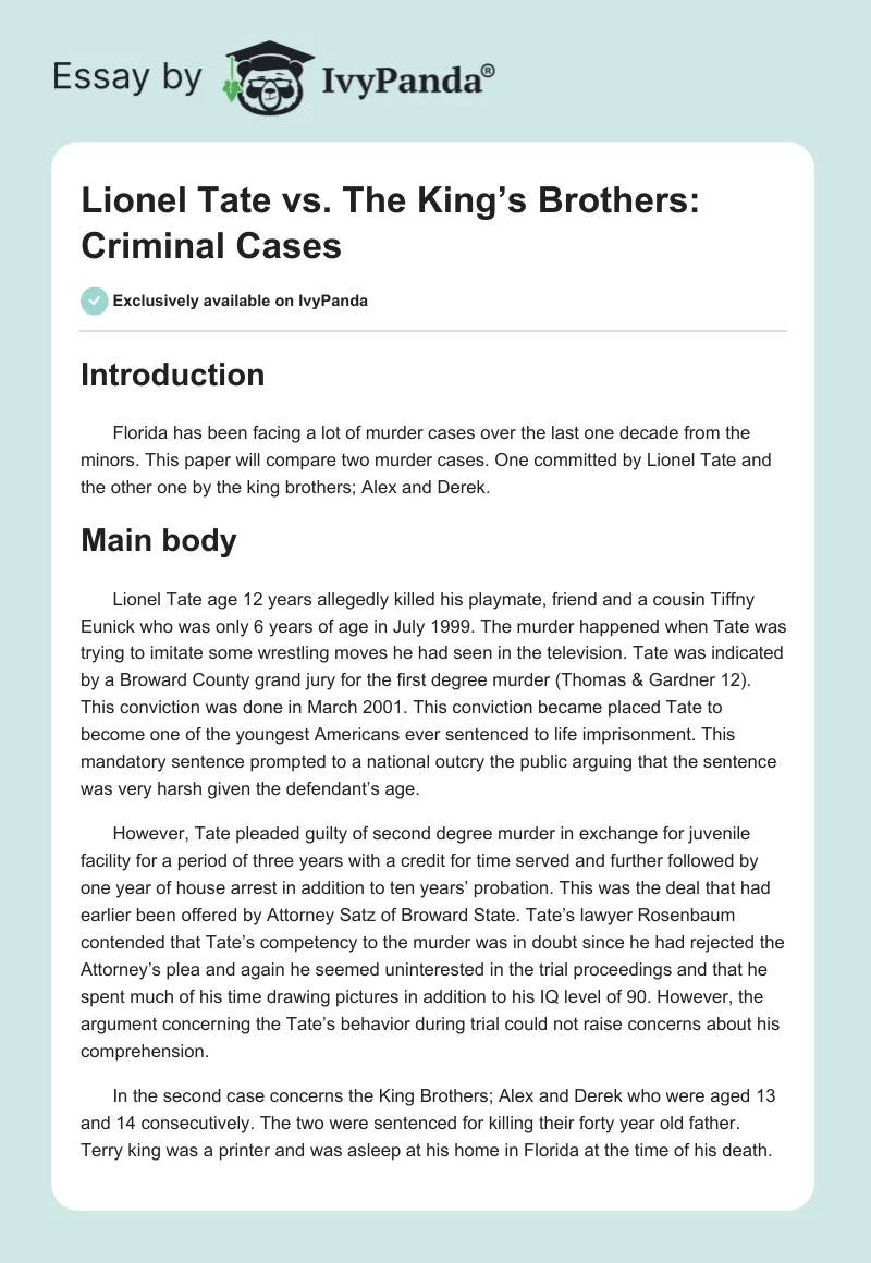 Lionel Tate vs. The King’s Brothers: Criminal Cases. Page 1